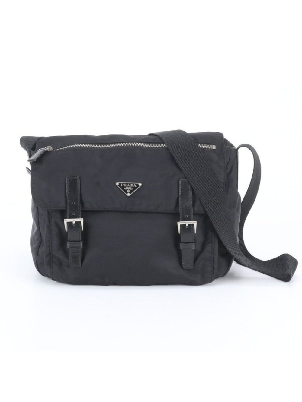 Prada Tessuto Nylon Triangle Logo Leather Shoulder Bag Crossbody Messenger Black
